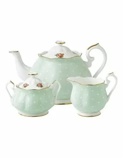 Royal Albert Polka Rose Teapot Sugar & Creamer Set Green