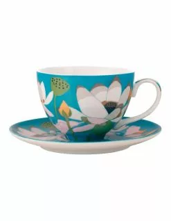 Maxwell & Williams Royal Botanic Gardens Lotus Cup & Saucer 240ML Aqua Gift Boxed