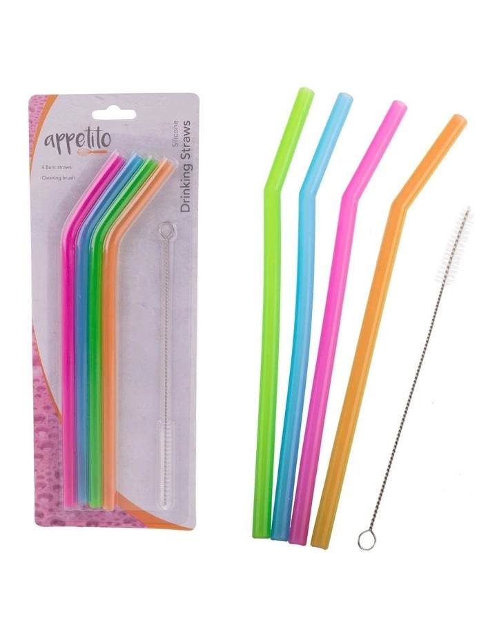 Appetito Silicone Bent Drinking Straws Set Of 4 With Brush 2 Appetito Silicone Bent Drinking Straws Set Of 4 With Brush - Image 2